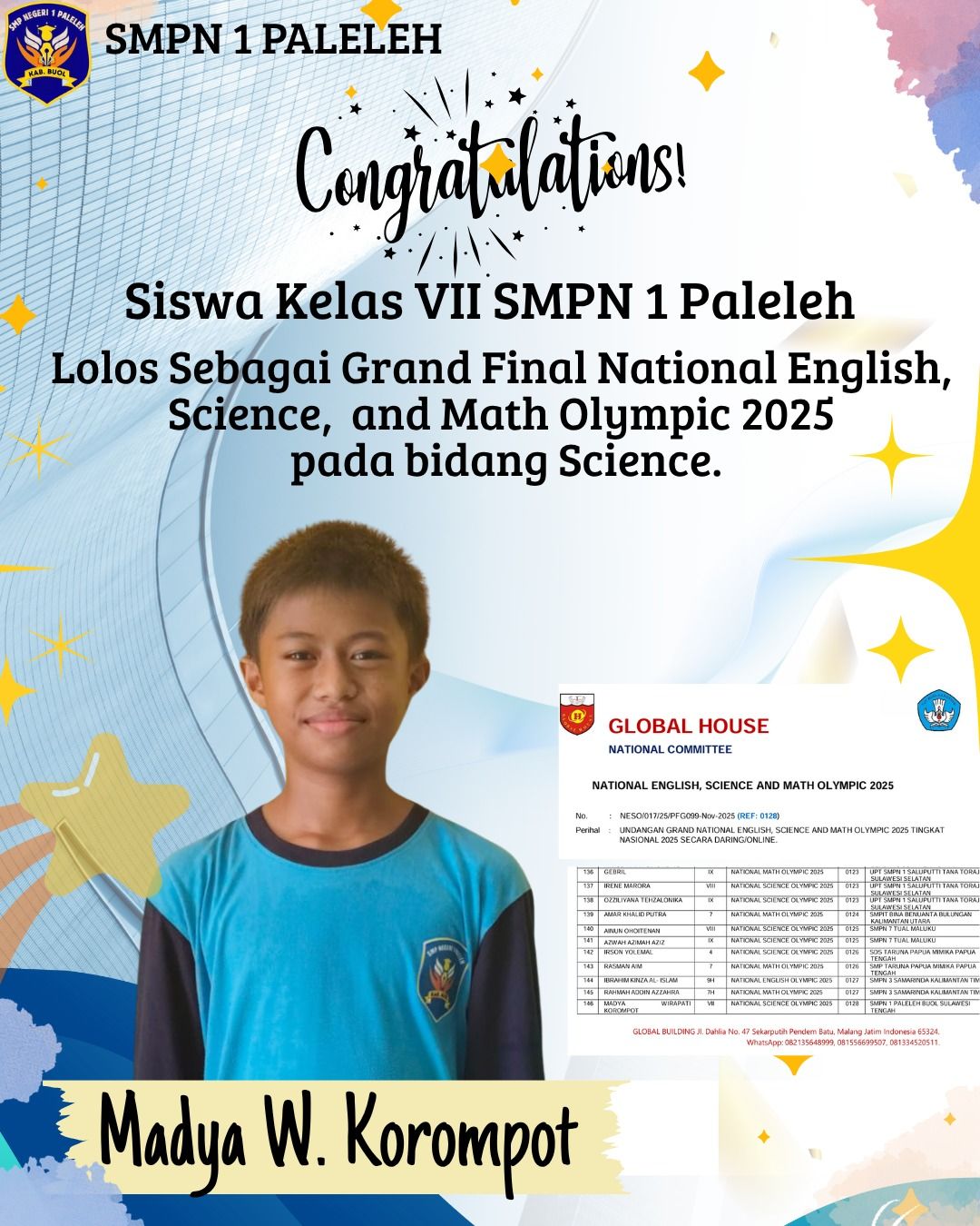 Siswa SMPN 1 Paleleh Lolos ke Grand Final National English, Science, and Math Olympic 2025